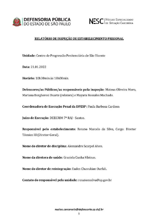 Relatório Inspeção do Centro de Progressão Penitenciária de São Vicente – 21/01/2022