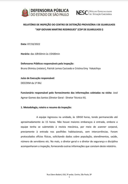 Relatório de inspeção do CDP de Guarulhos I (tarjado), datado de 07/10/2022