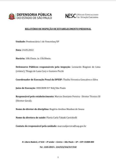Relatório de Inspeção - Penitenciária de Venceslau I - 24/05/2022 - Tarjado