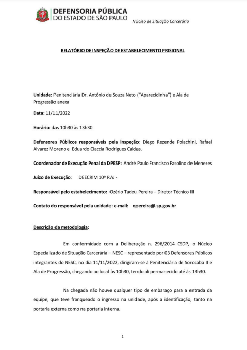Relatório de Inspeção - Penitenciária de Sorocaba II - 11/11/2022
