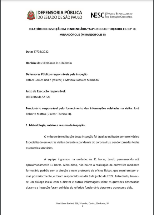 Relatório de Inspeção - Inspeção realizada na Penitenciária de Mirandópolis II (27/05/2022)
