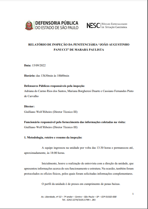 Relatório de Inspeção relativa a Penitenciária de Marabá Paulista, datado de 15/09/2022