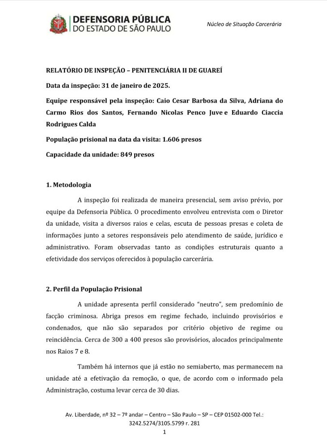 Relatório de Inspeção - Penitenciária de Guareí II - Datado de 31/01/2025