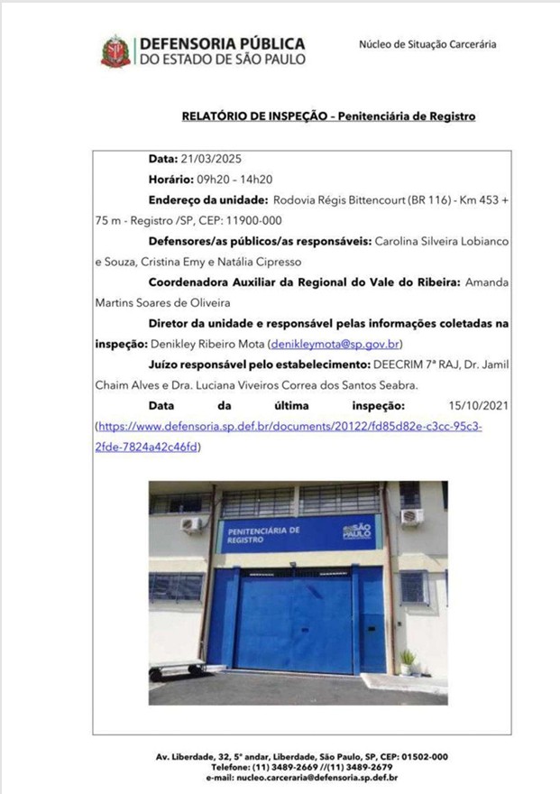 Relatório de Inspeção - Penitenciária de Registro - 21/03/2025