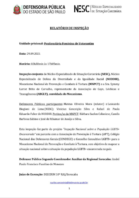 Relatório de inspeção da Penitenciária Feminina de Votorantim - Inspeção foi realizada no dia 29/09/2021