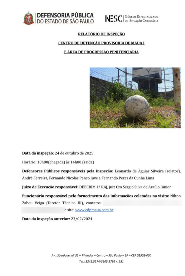 Capa do relatório de inspeção no Centro de Detenção Provisória de Mauá referente ao dia 24/10/2025, com imagem de bola de futebol. 