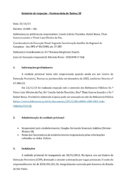 Relatório de Inspeção da Penitenciária de Taiúva - 23/11/2023