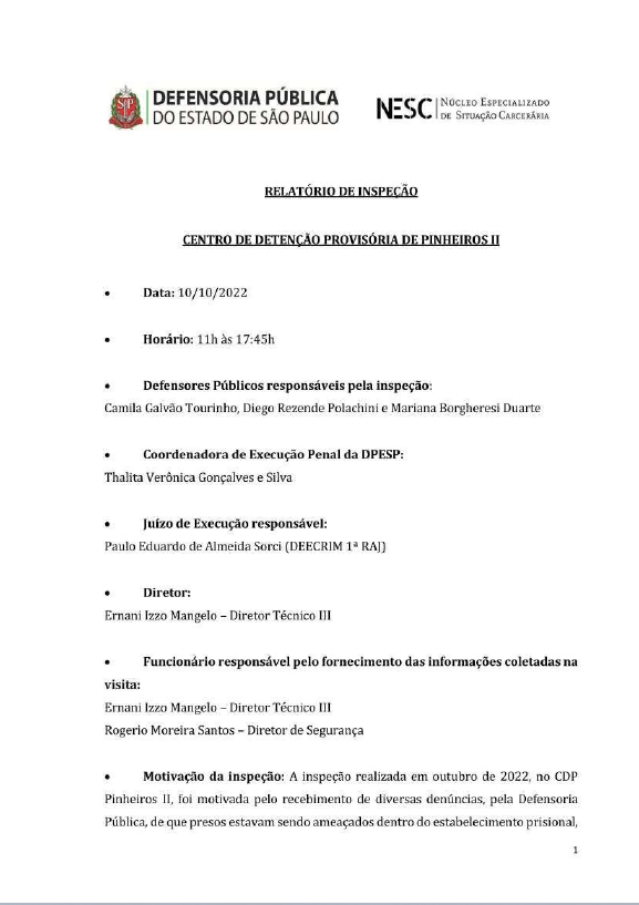 Relatório de Inspeção relativo ao CDP de Pinheiros II - Inspeção 10-10-2022