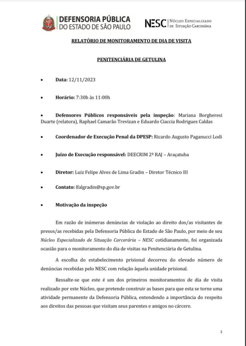 Inspeção em dia de visita Penitenciária de Getulina em 12/11/2023