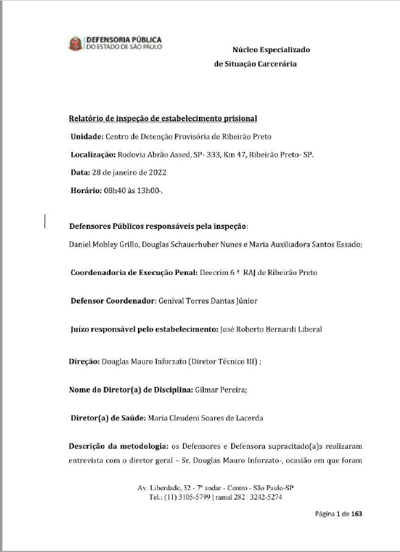 Relatório de Inspeção do CDP de Ribeirão Preto datado de 28/01/2022