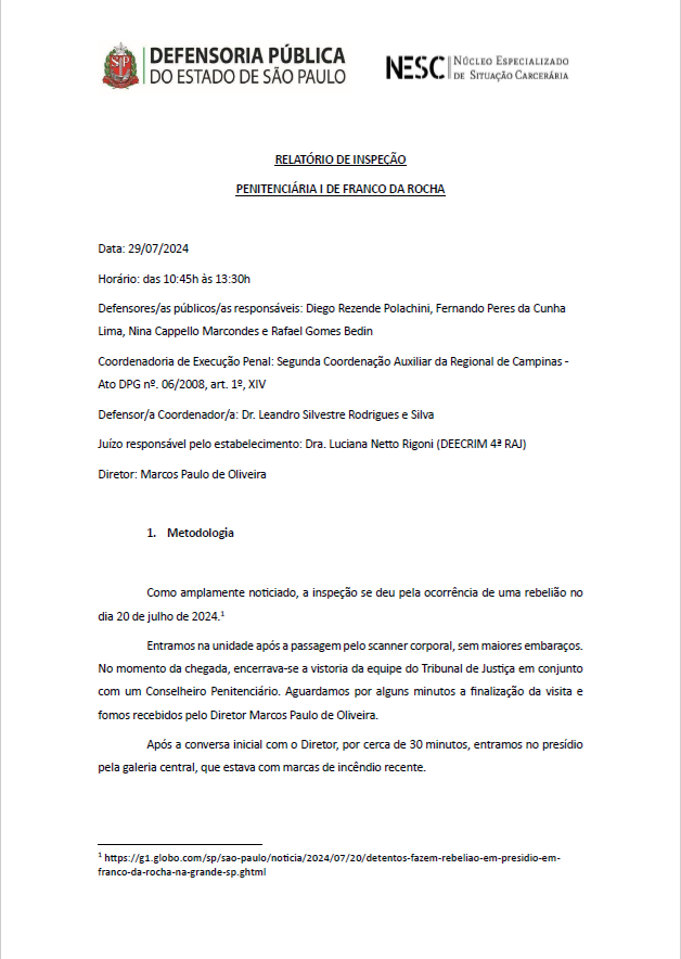 Relatório de Inspeção - Penitenciária de Franco da Rocha I - 29/07/2024