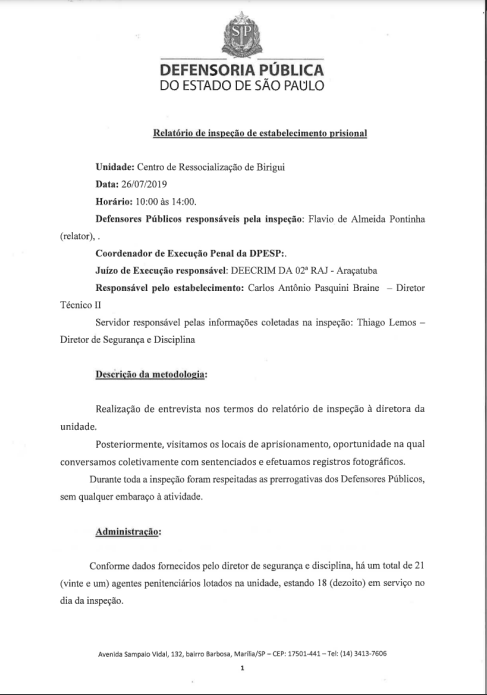 Relatório de Inspeção do Centro de Ressocialização de Birigui - datado de 26/07/2019