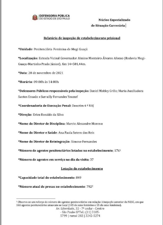 Relatório de Inspeção da Penitenciária Feminina de Mogi Guaçu 
