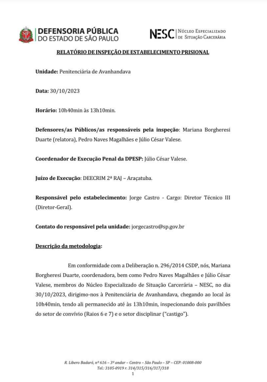 Relatório de Inspeção - Penitenciária de Avanhandava - Inspeção dia 30/10/2023