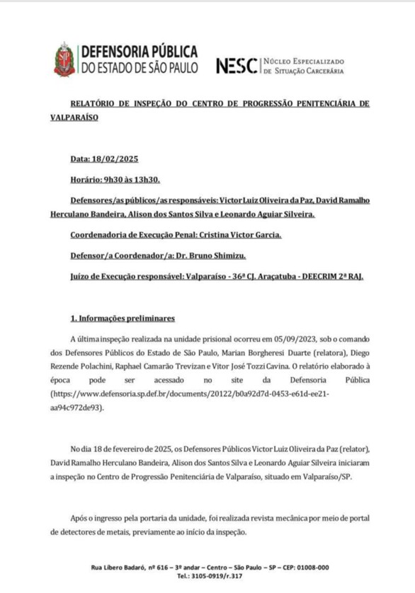 Relatório de Inspeção  - Centro de Progressão Penitenciária de Valparaíso - Dia 18/02/2025