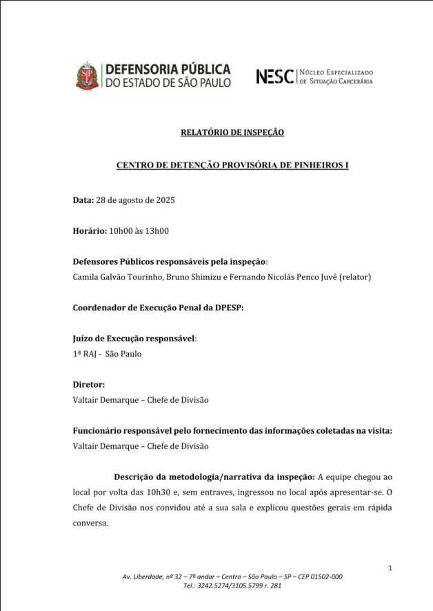Documento da Defensoria Pública do Estado de São Paulo, intitulado “Relatório de Inspeção – Centro de Detenção Provisória de Pinheiros I”.