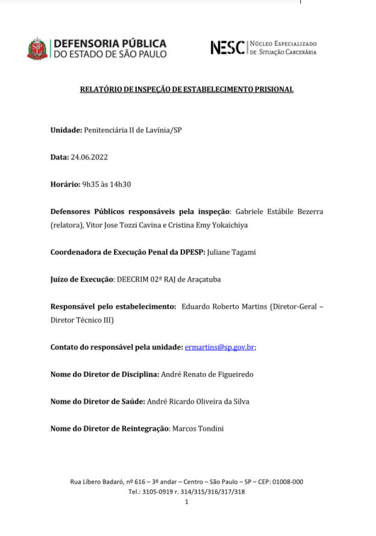Relatório de Inspeção - Relativo a Penitenciária de Lavínia II - Datado de 24/06/2022