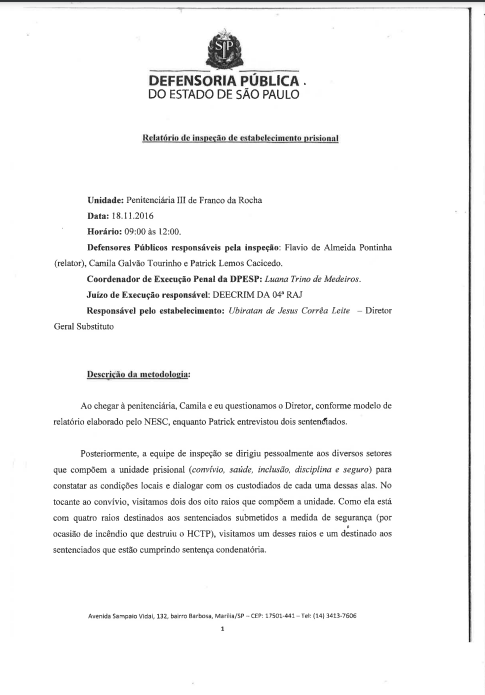 Relatório de Inspeção do Penitenciária de Franco da Rocha III - datado de 18/11/2016