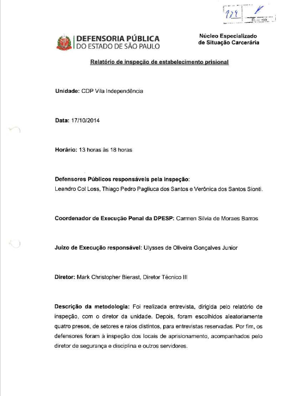 Relatório de inspeção do Centro de Detenção Provisória de Vila Independência - Inspeção de 17/10/2014