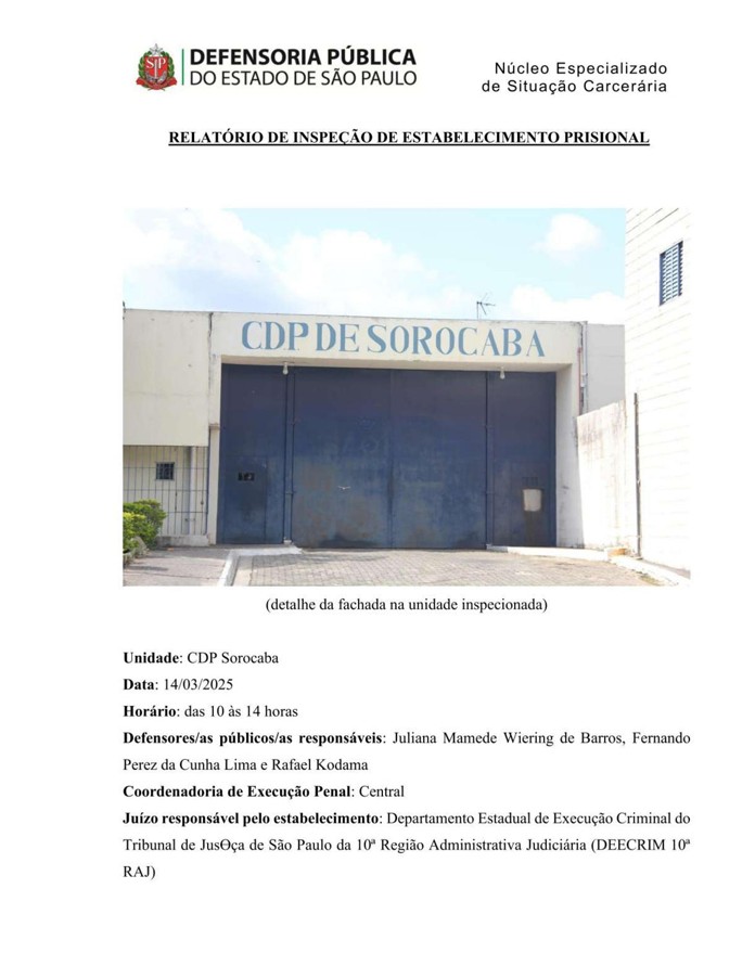 Capa do relatório de inspeção do Centro de Detenção Provisória de Sorocaba com imagem de detalhe da fachada da unidade inspecionada.