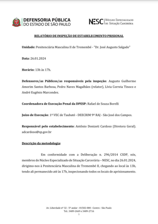 Relatório de Inspeção - Penitenciária de Tremembé II - Tarjado - 26/01/2024