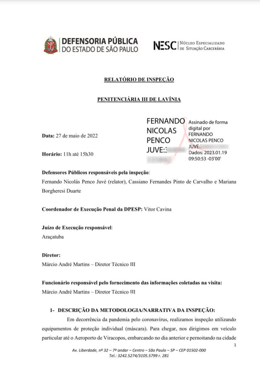 Relatório de Inspeção - Penitenciária de Lavínia III - Tarjado - Datado de 27/05/2022