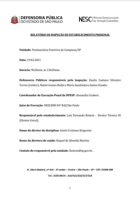 Relatório de inspeção da Penitenciária Feminina de Campinas  - datado de 19/02/2021