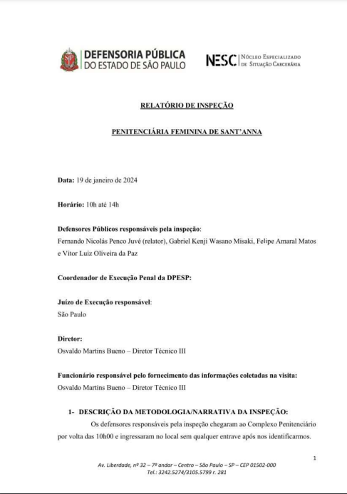 Relatório de Inspeção - Penitenciária Feminina de Santana - Dia 19/01/2024