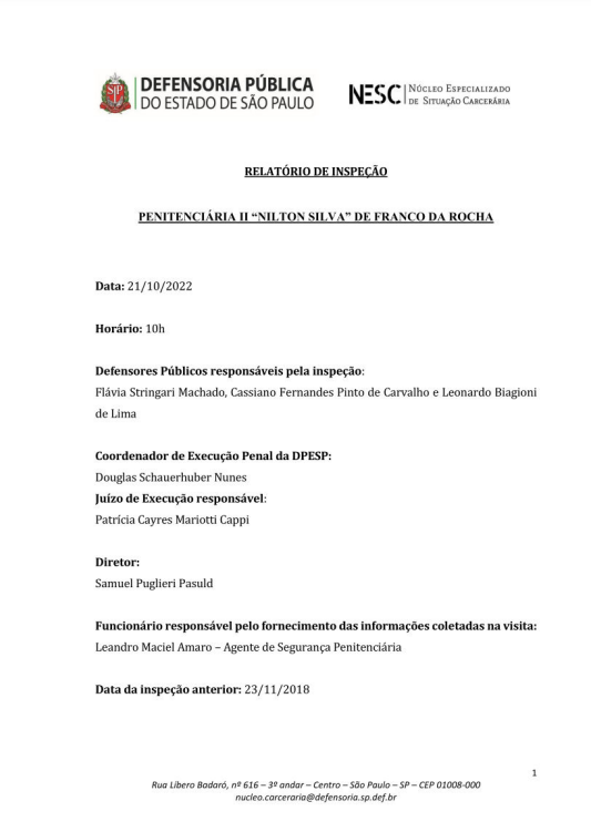 Relatório de Inspeção da Penitenciária de Franco da Rocha II, inspeção de 21/10/2022