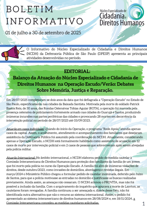 Boletim do NCDH referente à Julho/Setembro de 2025 destaca a Operação Escudo e temas de justiça e reparação.
