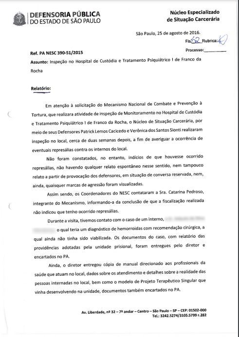 Relatório de Inspeção - HCTP de Franco da Rocha I - 30/09/2015