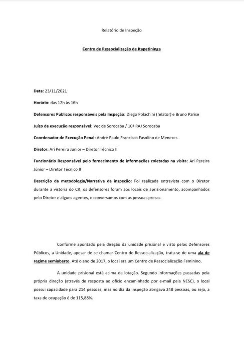 Relatório de Inspeção da Centro de Ressocialização de Itapetininga  - datado de 23/11/2021