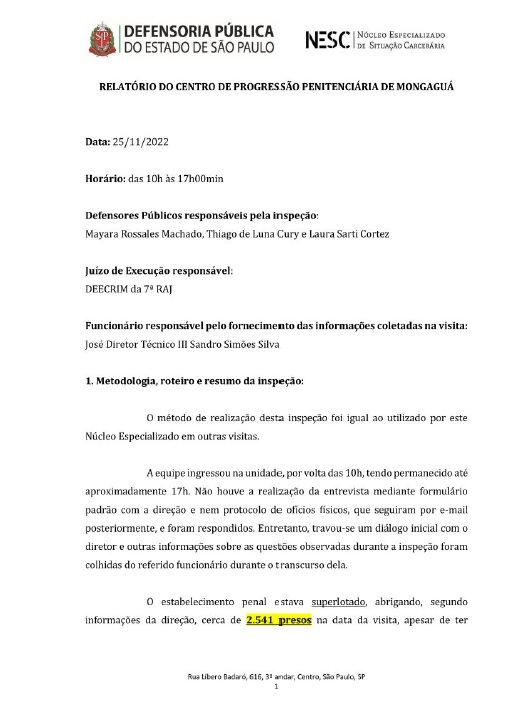 Relatório de Inspeção Centro de Progressão Penitenciária de Mongaguá - 25/11/2022. 