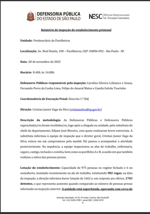 Capa do Relatório de Inspeção na Penitenciária de Parelheiros do dia 28/11/2025