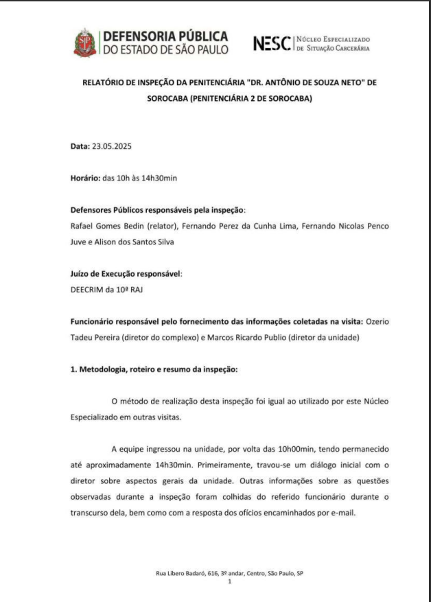 Capa do relatório de inspeção da  Penitenciária de Sorocaba II, referente à visita do dia 23/05/2025