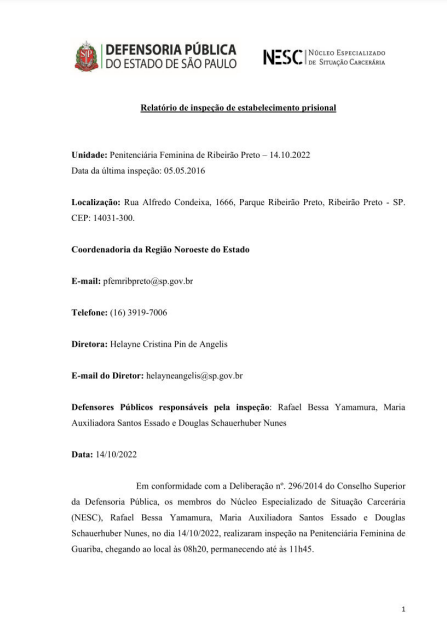 Relatório de inspeção relativo a Penitenciária Feminina de Ribeirão Preto - Datado de 14/10/2022