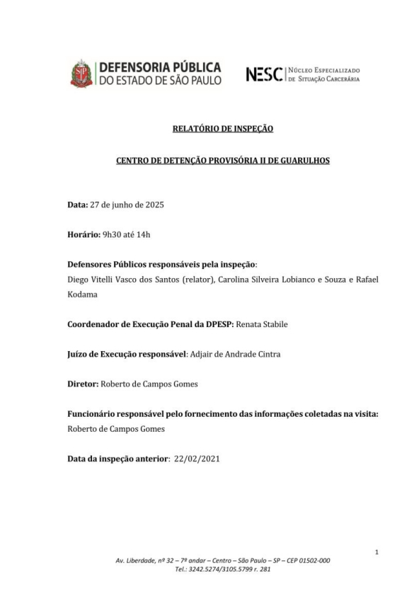 Capa de relatório de inspeção da Defensoria Pública de SP, referente ao Centro de Detenção Provisória de Guarulhos II , com data e equipe responsável.